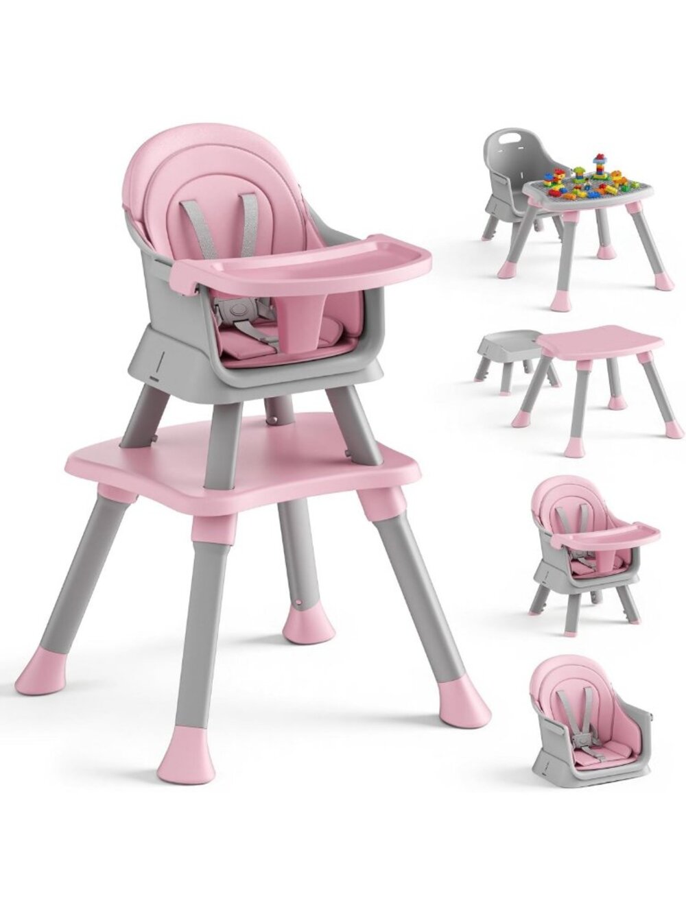 Convertible 8-in-1 Baby High Chair & Feeding Seat - Pink & Gray, Space-Saving